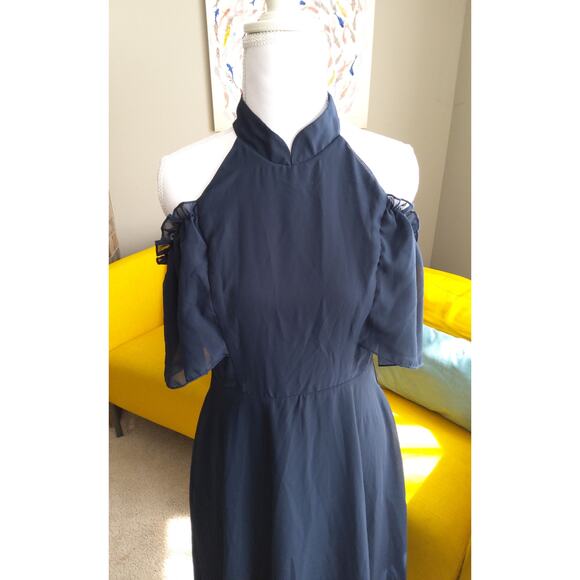 Romantic Flowy Navy ruffled midi dress high neck peekaboo shoulder Sz S - Picture 5 of 8